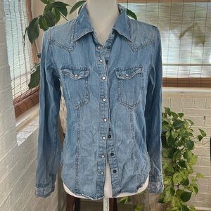 ONE X ONETEASPOON Distressed Denim Long Sleeve Pearl Snap Shirt Western Sz M